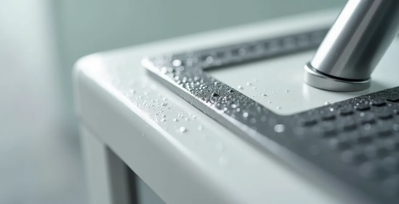 Gros plan sur des équipements de sécurité dans une salle de bain : barre d'appui chromée, tapis antidérapant texturé et siège de douche rabattable