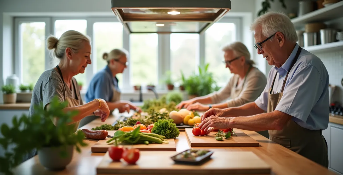 Groupe de seniors participants à un atelier cuisine thérapeutique dans une salle conviviale et lumineuse