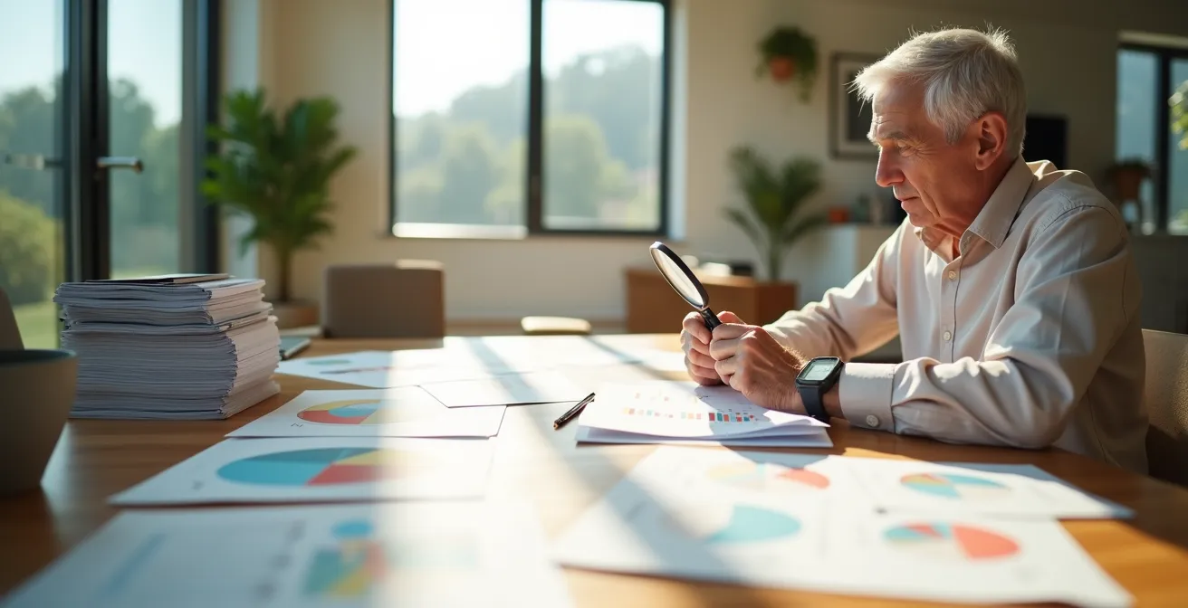 Senior analysant son contrat de mutuelle avec des éléments visuels d'optimisation