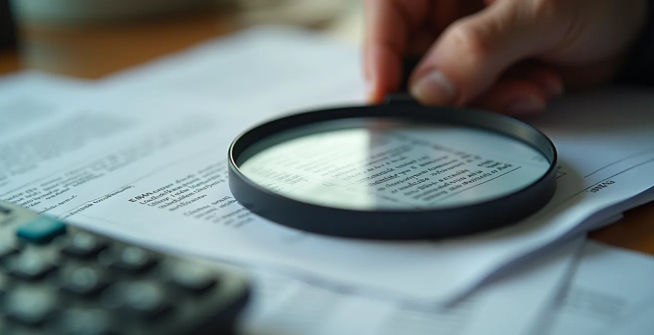 Senior examinant attentivement des documents avec une loupe, papiers éparpillés sur bureau