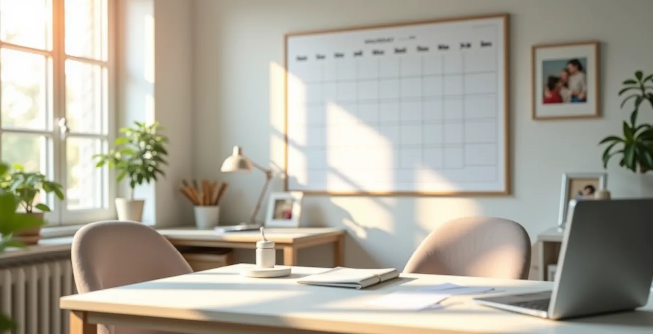 Vue large d'un bureau moderne avec calendrier mural et espace de travail organisé pour bénévole senior