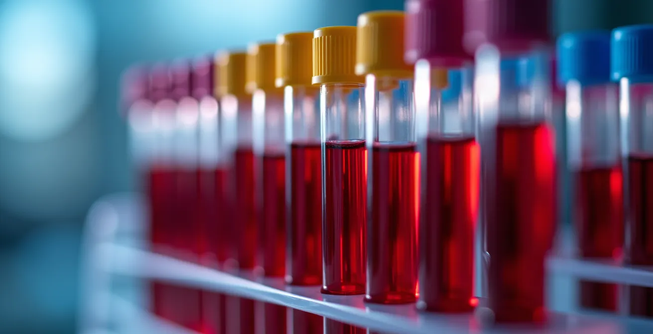 Technicien de laboratoire analysant des échantillons sanguins avec équipement moderne.