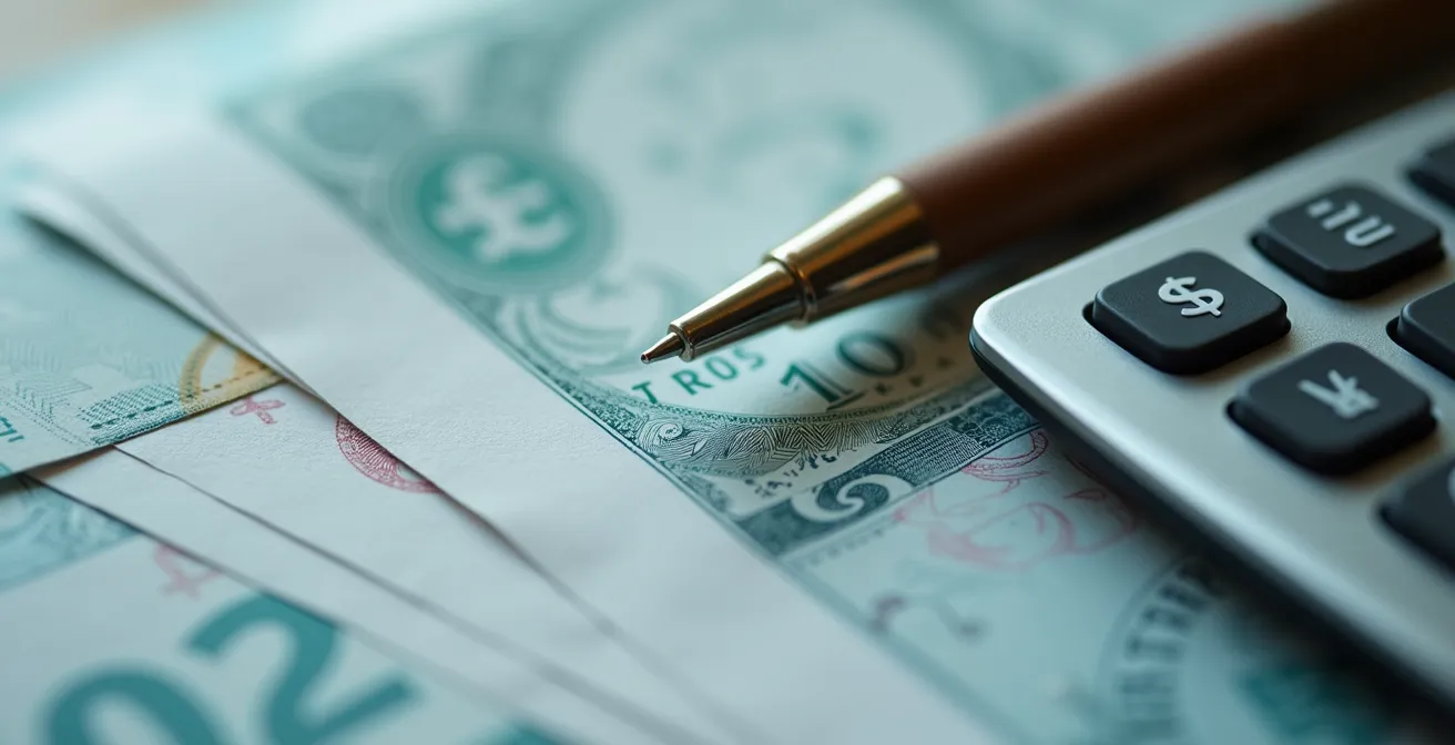 Vue macro de documents fiscaux avec calculatrice montrant une analyse patrimoniale