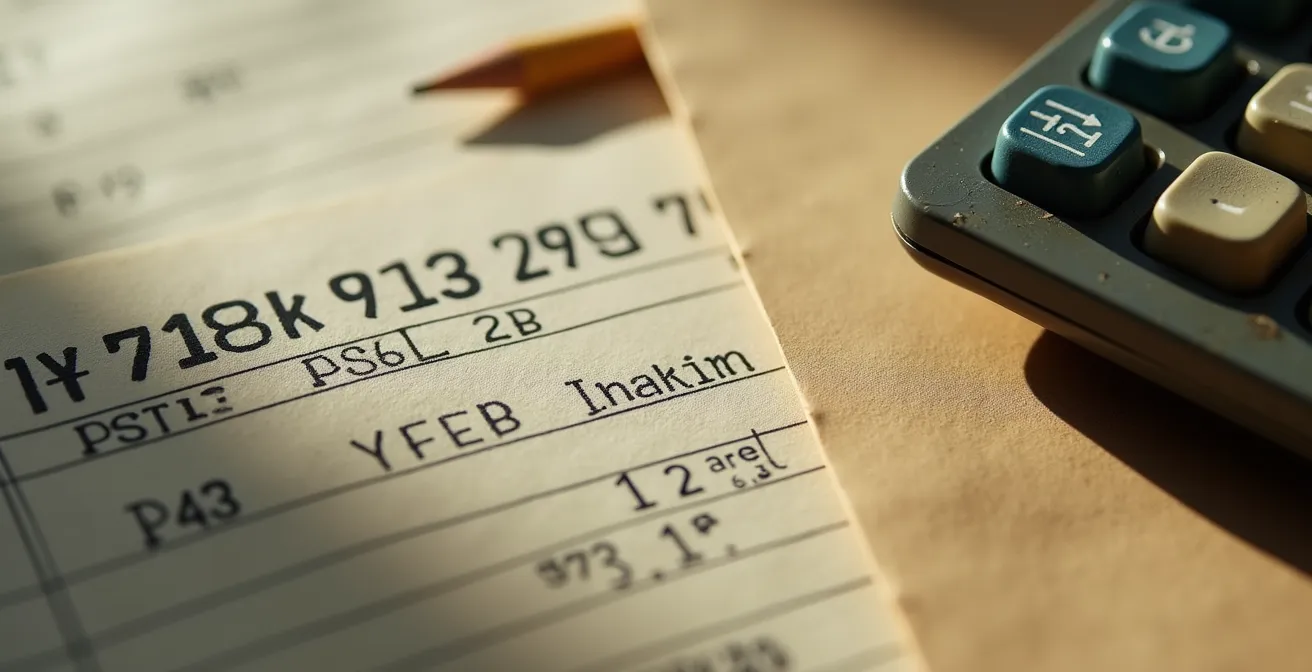 Vue macro de documents d'archives et calculatrice montrant des calculs de trimestres retraite