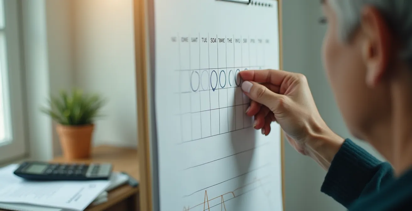 Main de senior posant un marqueur sur un calendrier mural avec calculs financiers flous en arrière-plan