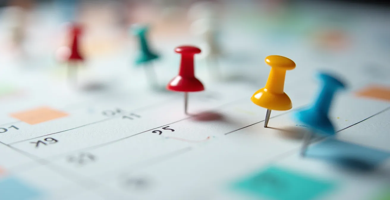 Vue macro d'un calendrier avec épingles colorées marquant les étapes importantes