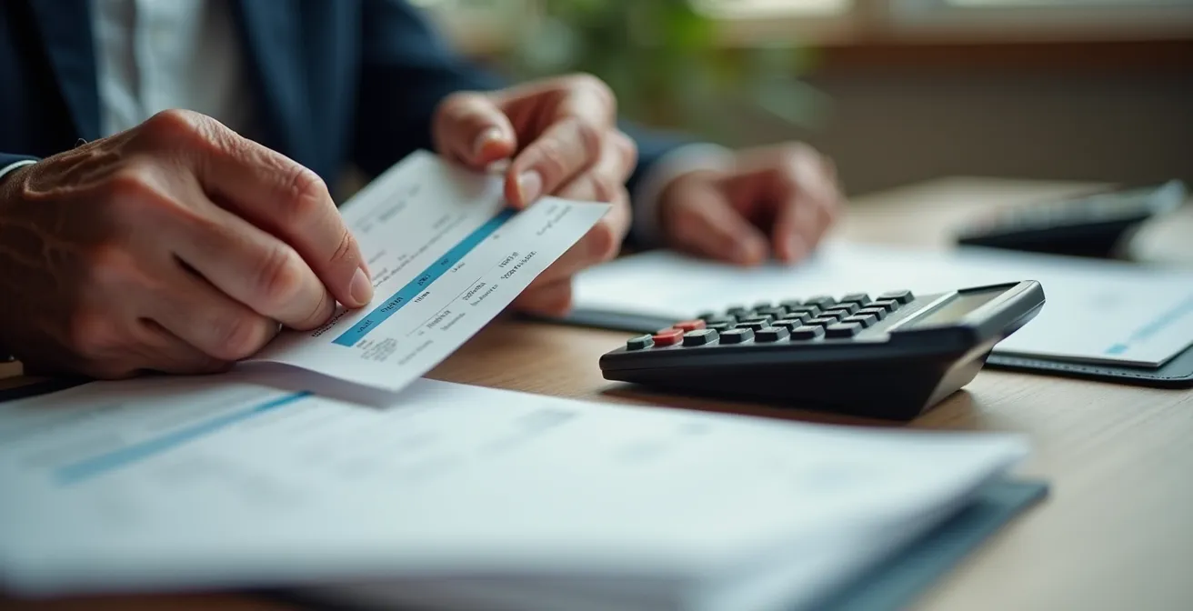Mains d'une personne âgée tenant des documents administratifs avec une calculatrice floue en arrière-plan