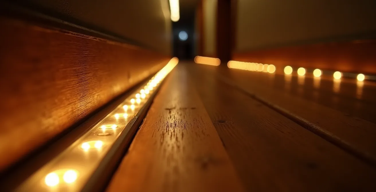Balisage lumineux LED au sol guidant vers la salle de bain la nuit