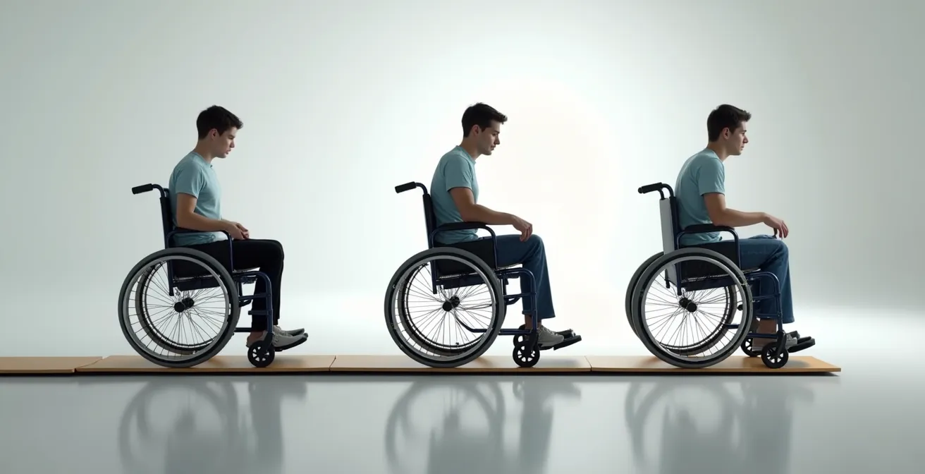 Diagramme visuel montrant trois pentes de rampe à 3%, 5% et 8% avec leur difficulté respective pour un fauteuil roulant