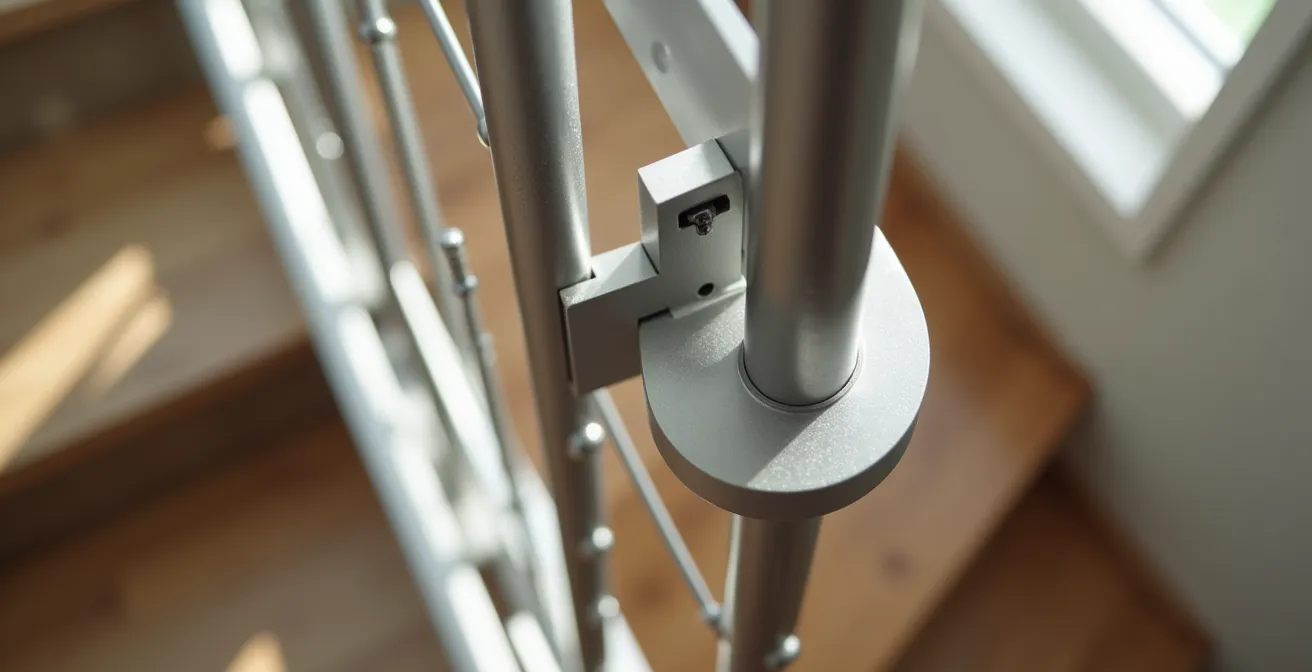 Vue rapprochée montrant la différence d'encombrement entre un rail simple près du mur et un double rail dans un escalier étroit