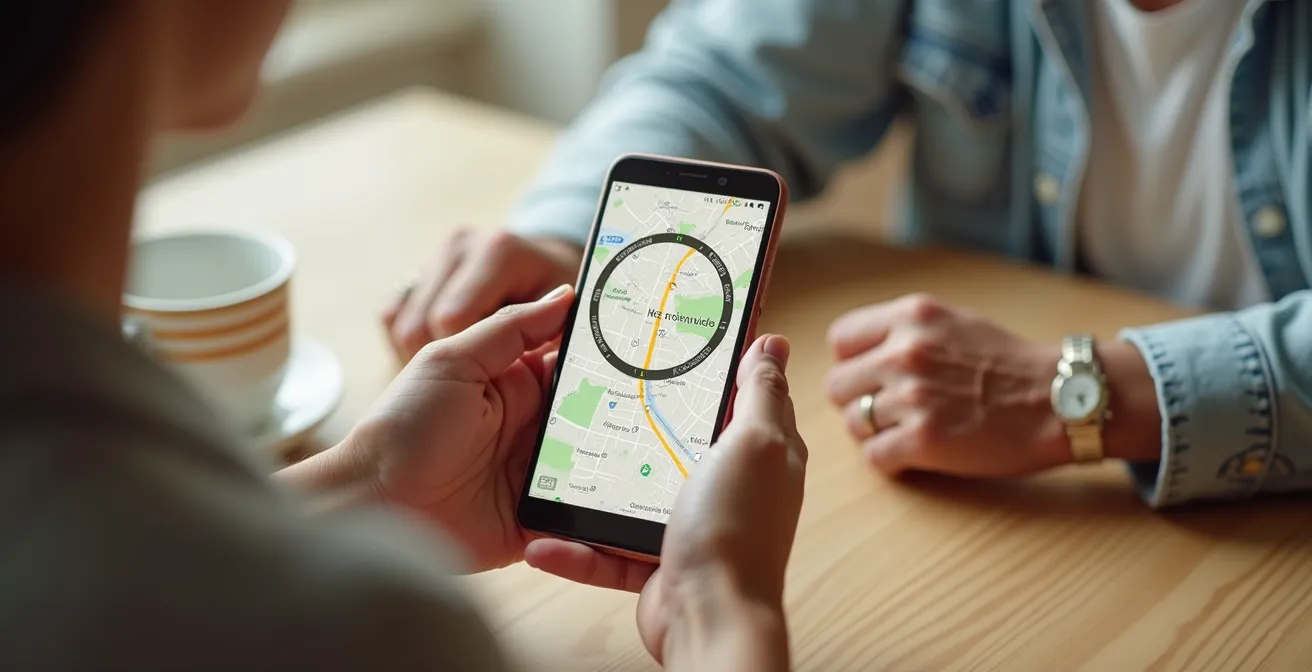 Main d'aidant paramétrant une zone de sécurité sur application mobile pour montre GPS senior