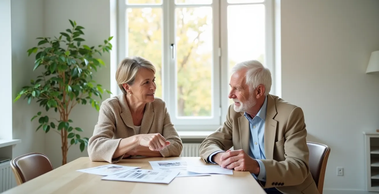 Couple de seniors examinant ensemble leur relevé de carrière pour optimiser l'attribution des trimestres pour enfants