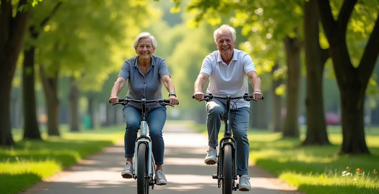 Couple de seniors à vélo électrique dans un parc arboré, sourires naturels, illustrant la mobilité active et économique à la retraite.