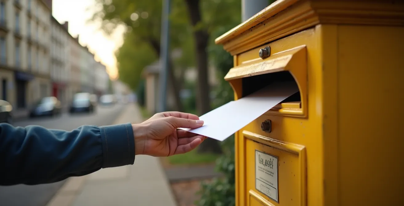 Main d'une personne âgée postant une lettre, symbolisant la démarche de déclaration d'hospitalisation au département.
