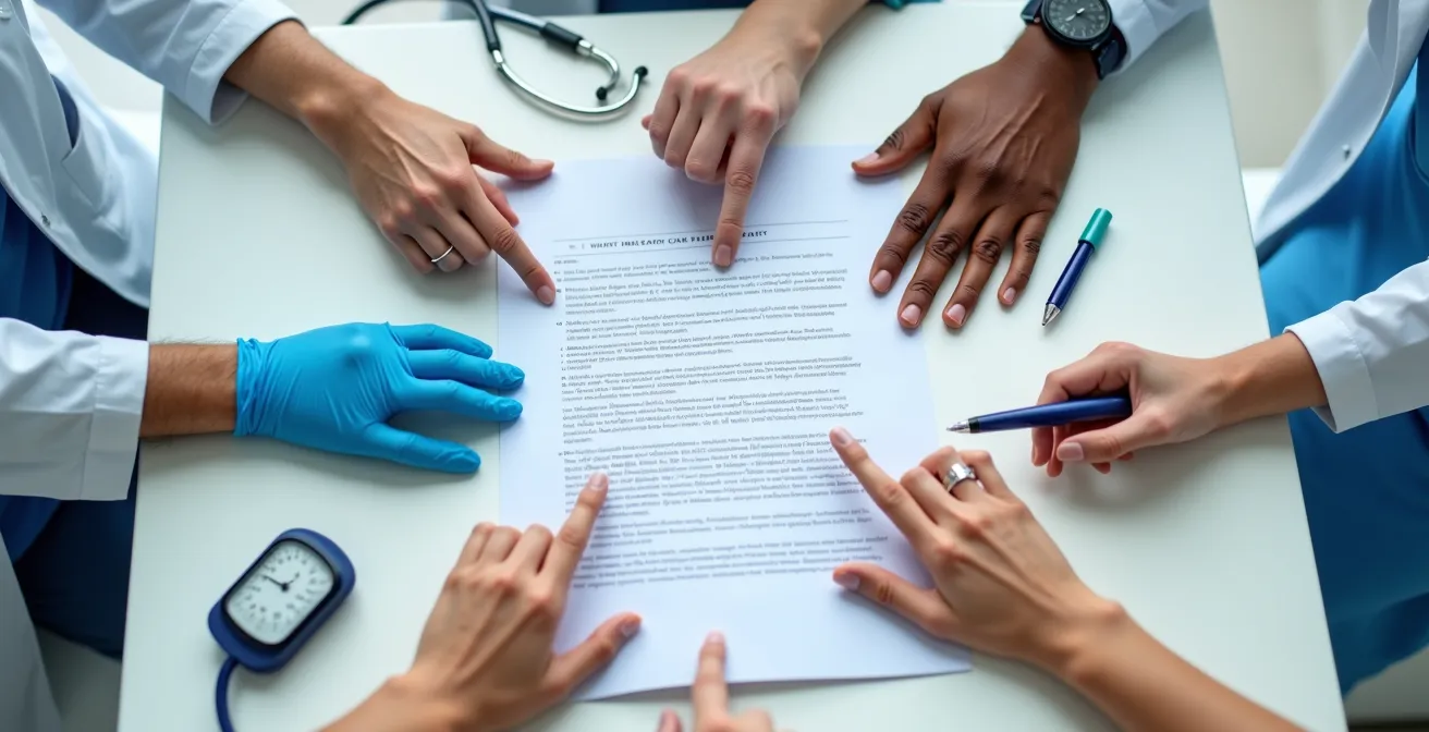 Dossier de liaison ouvert sur une table avec mains de différents soignants pointant des informations