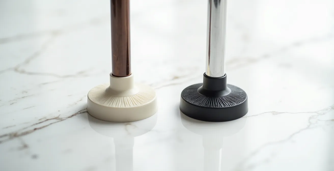 Comparaison visuelle entre un embout de canne usé et lisse versus un embout neuf avec rainures profondes