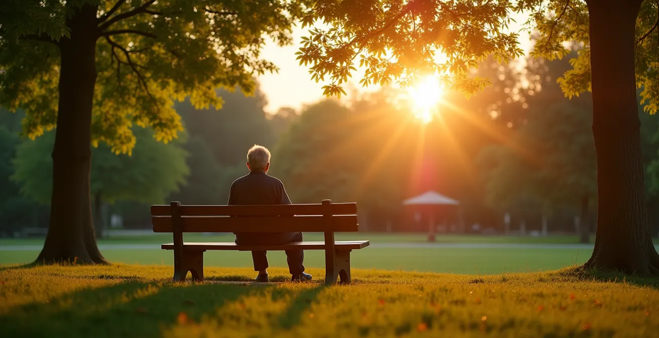Senior méditant dans un jardin paisible, symbolisant l'équilibre entre engagement et ressourcement personnel