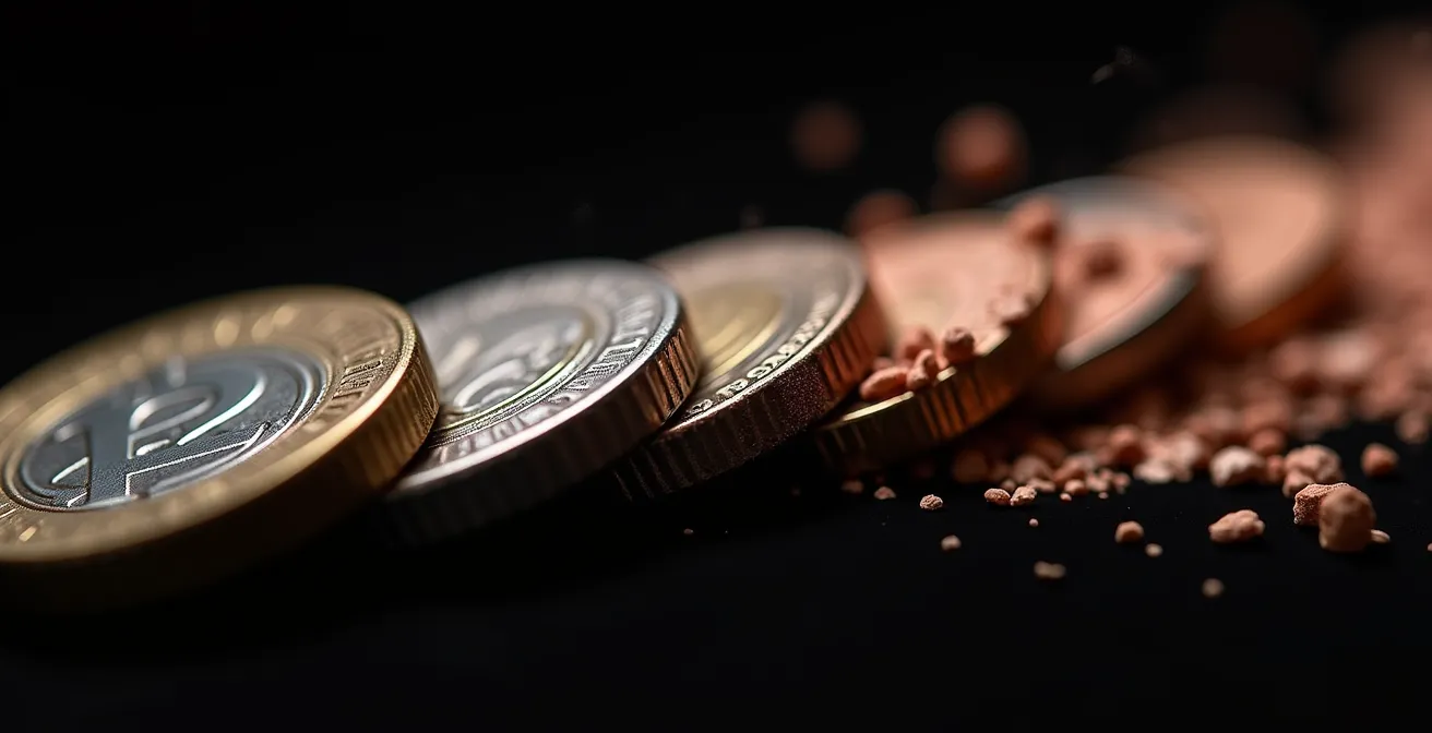 Gros plan macro sur des pièces de monnaie s'effritant progressivement pour illustrer l'érosion du capital par les frais.