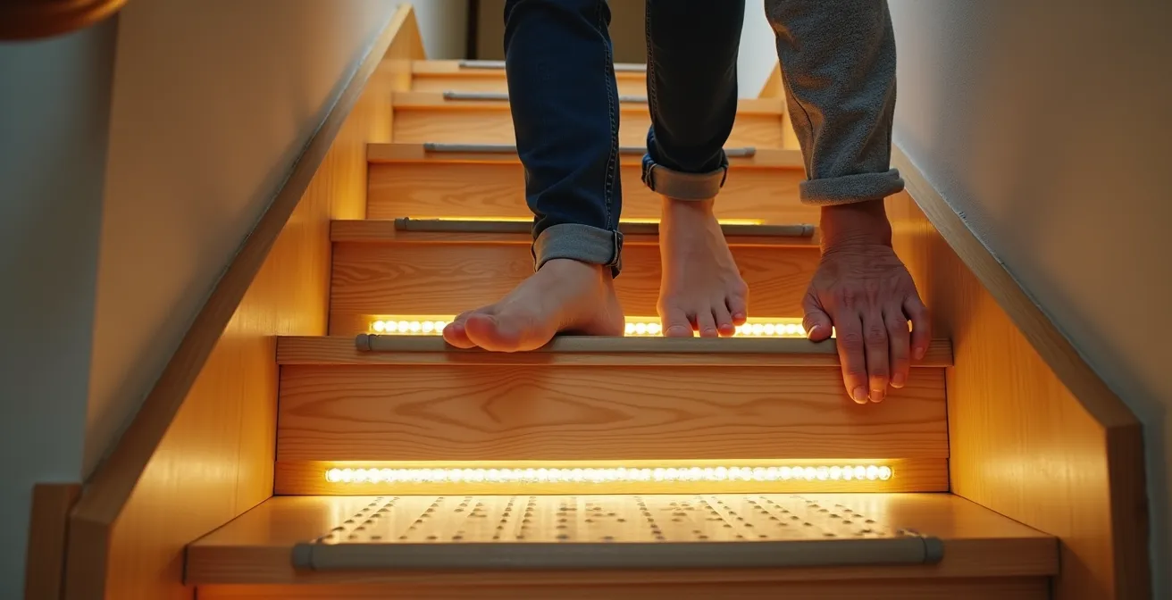 Escalier avec nez de marche contrastés et éclairage LED intégré pour sécurité senior