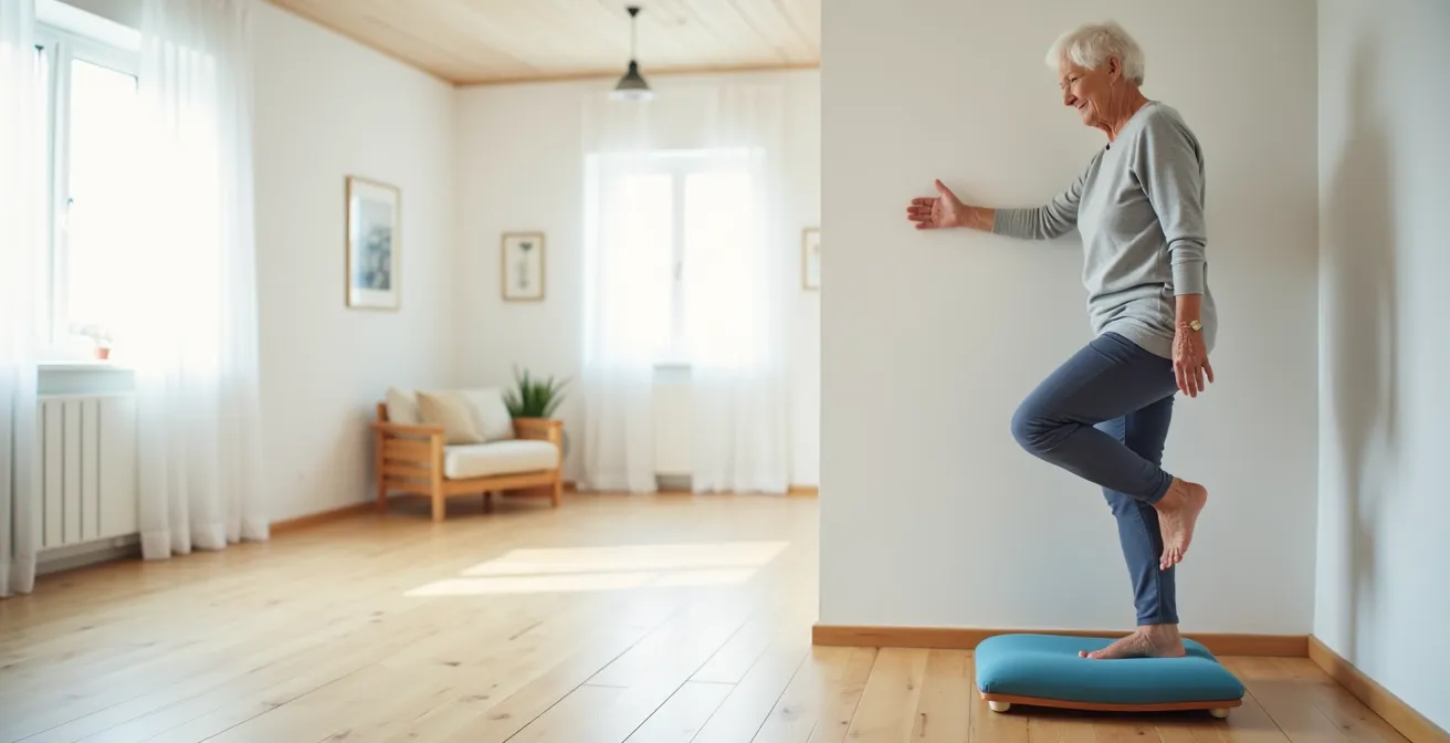 Senior effectuant un exercice d'équilibre près d'un mur avec un coussin d'équilibre