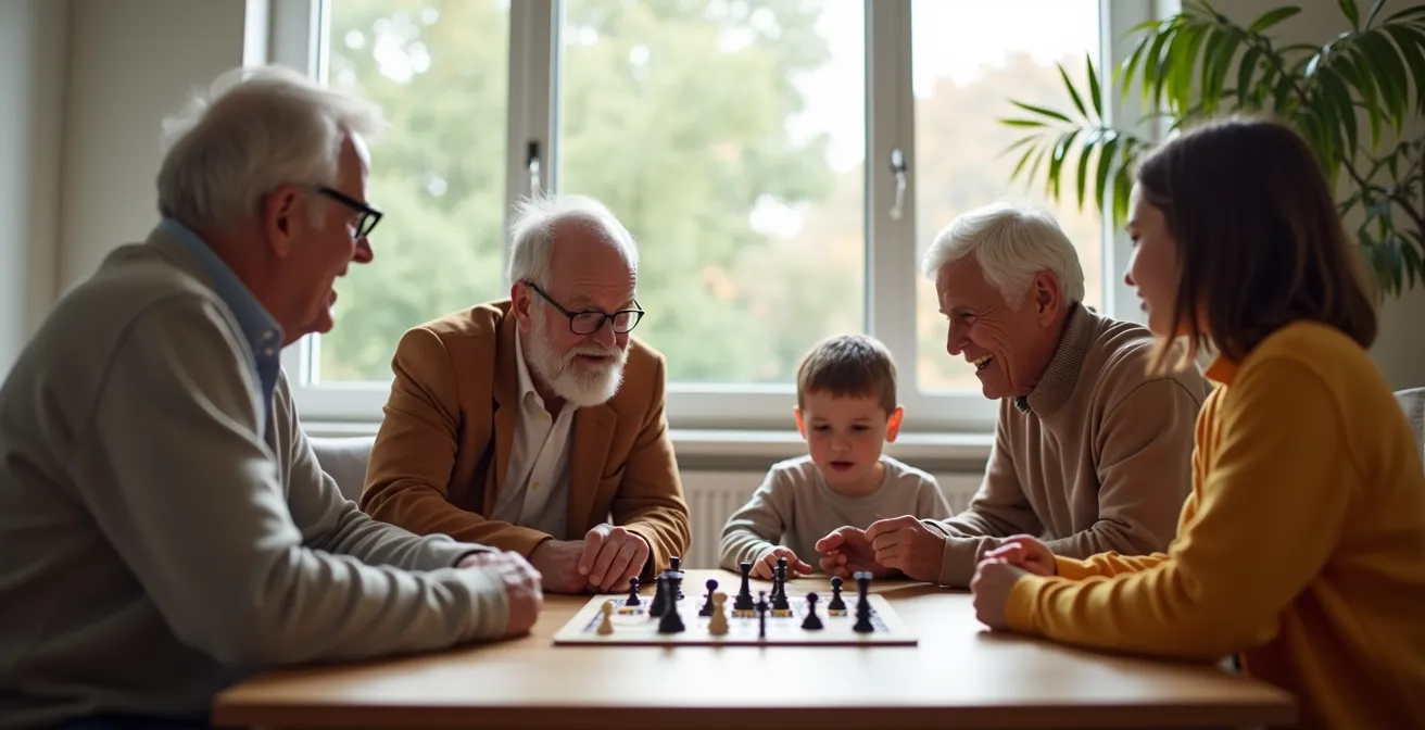 Scène intergénérationnelle chaleureuse de grands-parents et adolescents partageant un moment de jeu