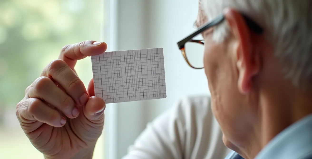 Main de personne âgée tenant une grille d'Amsler pour test visuel