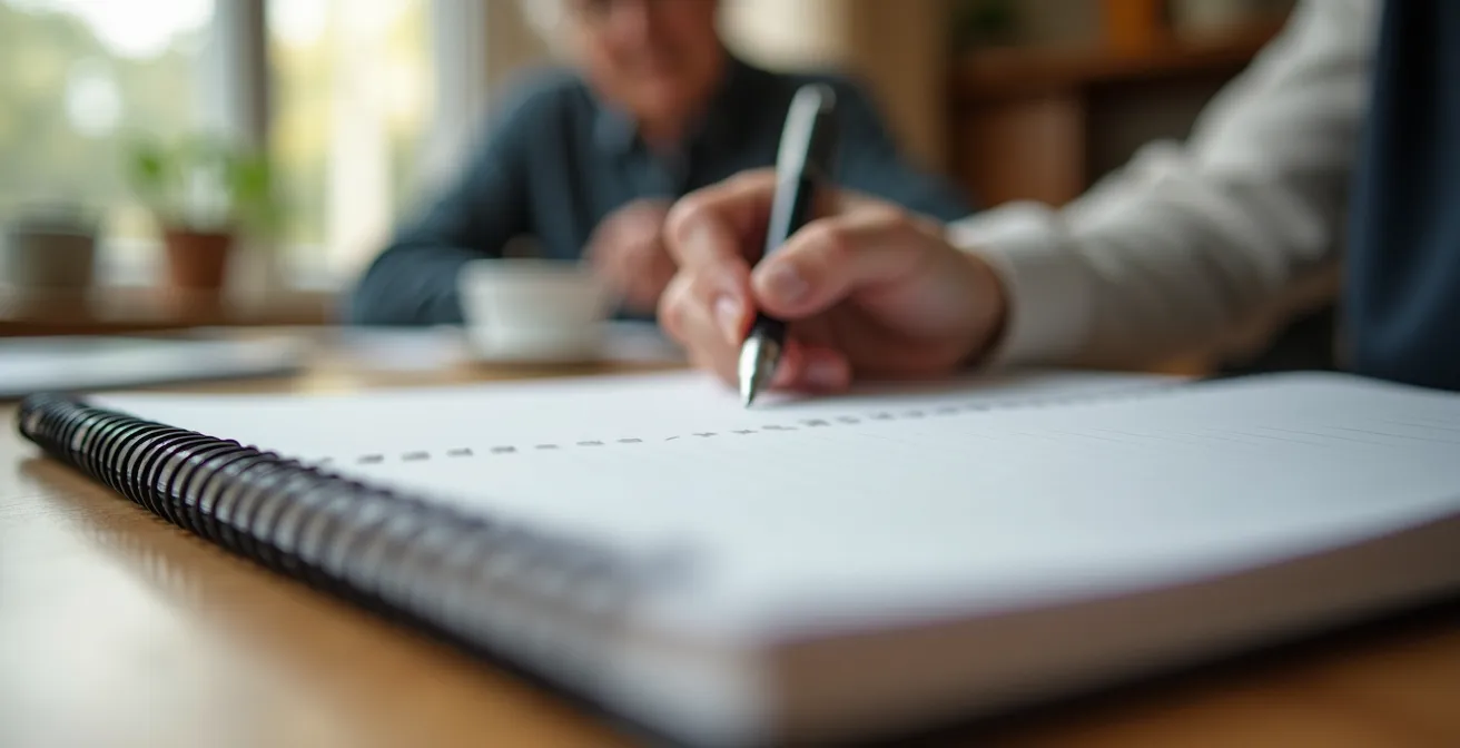 Carnet de notes ouvert sur une table de cuisine avec un stylo, illustrant la préparation de la visite APA.