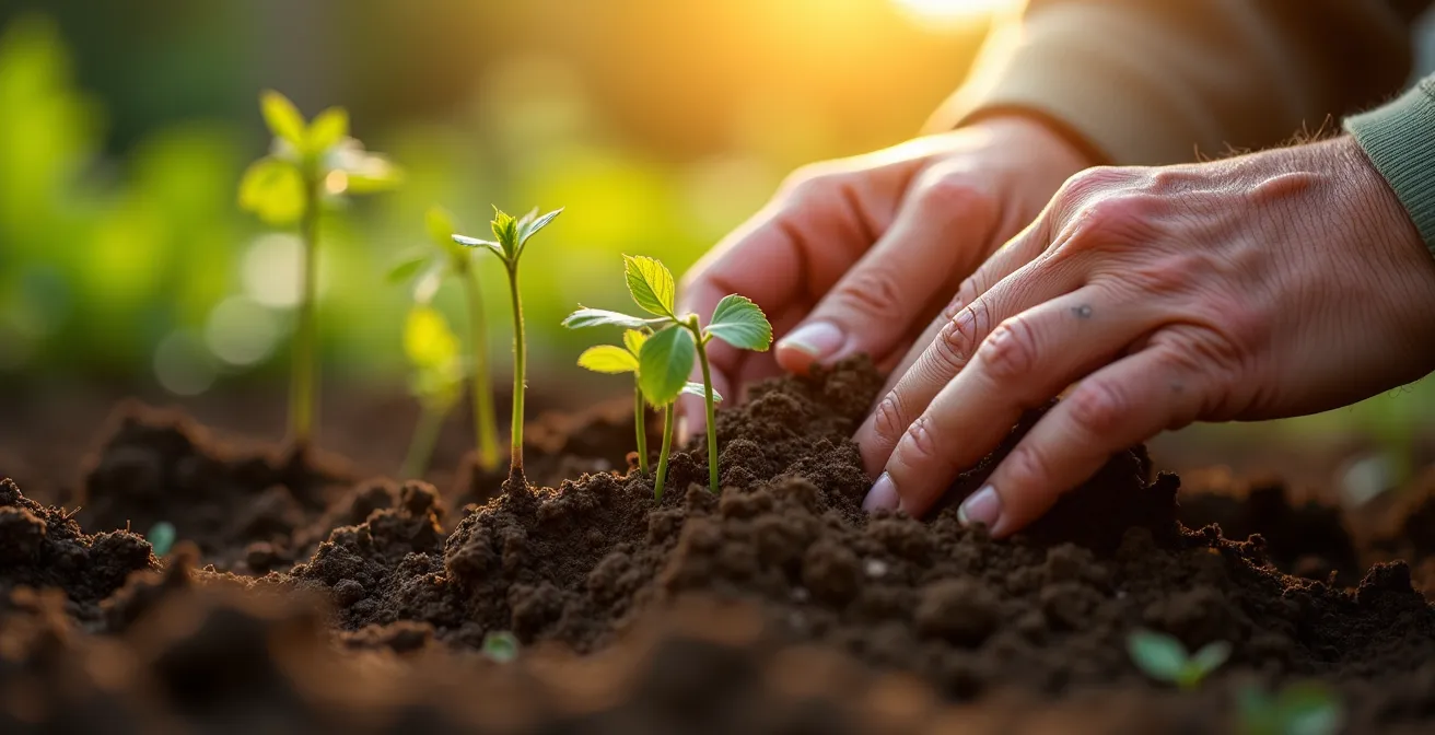 Mains d'une personne âgée travaillant la terre dans un potager baigné de soleil
