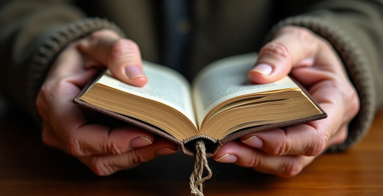 Gros plan sur les mains âgées d'un senior tenant délicatement un livre fermé avec texture de papier visible