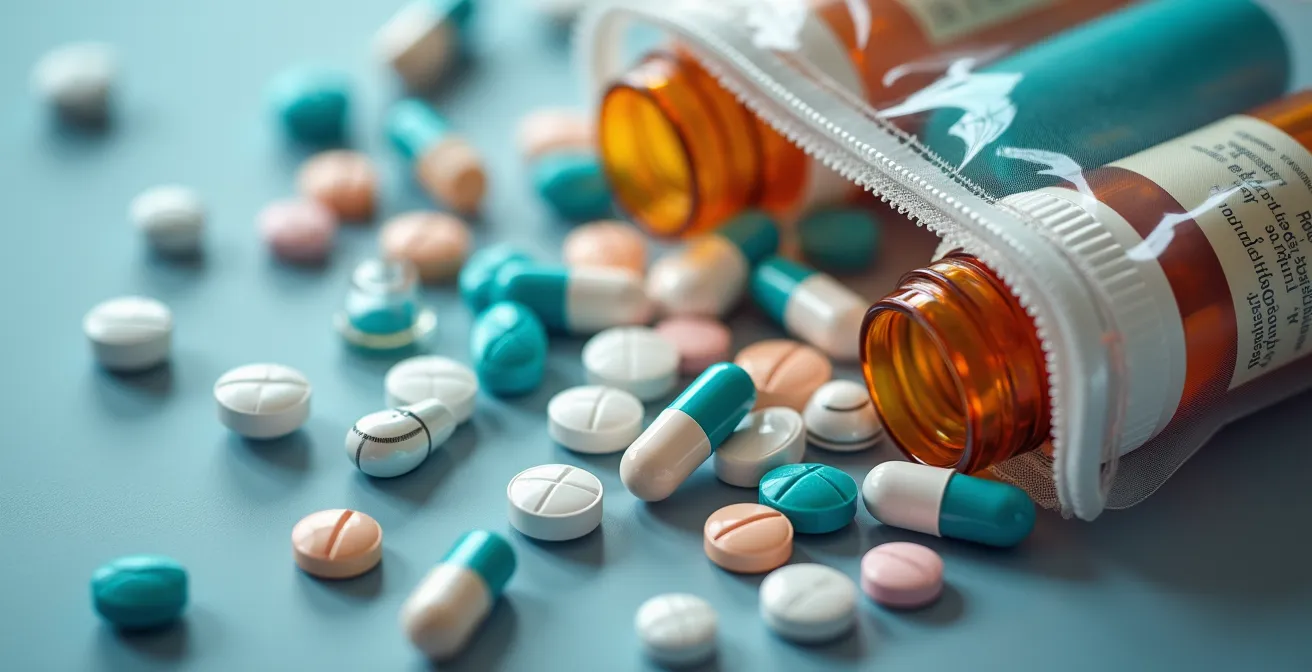Un sac contenant diverses boîtes de médicaments posé sur un bureau médical