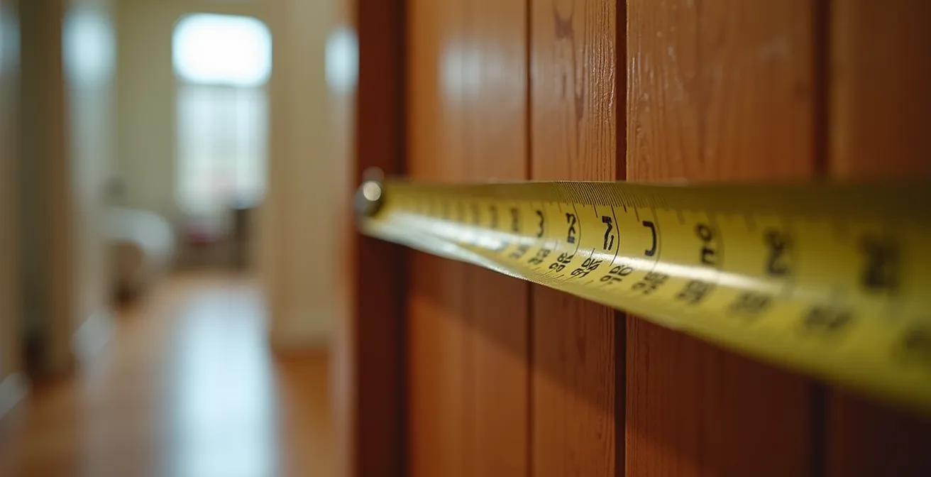 Vue macro d'un mètre ruban mesurant l'encadrement d'une porte avec texture bois visible