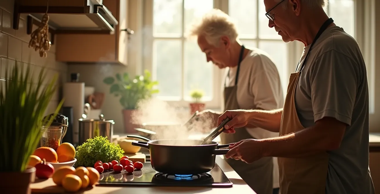 Deux générations préparant ensemble un repas dans une ambiance chaleureuse