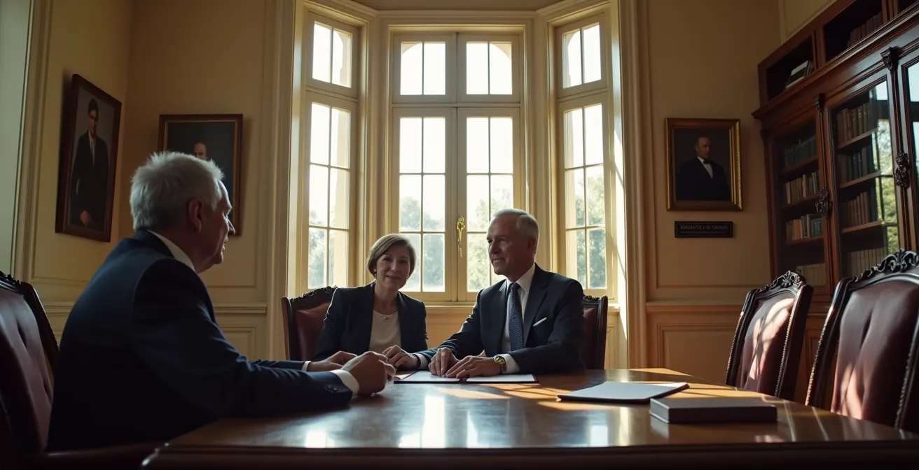 Notaire expliquant des documents de succession à un couple de seniors dans son cabinet