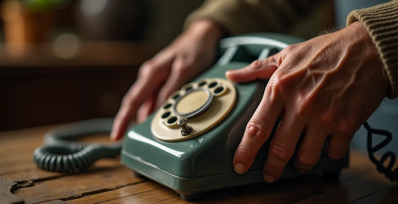 Personne âgée tenant un téléphone avec hésitation, illustrant le dilemme face aux invitations sociales