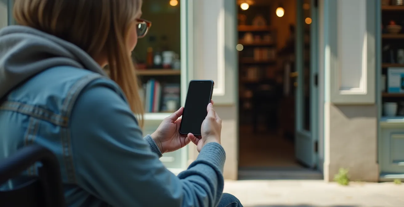 Personne en fauteuil roulant photographiant un obstacle d'accessibilité avec son smartphone