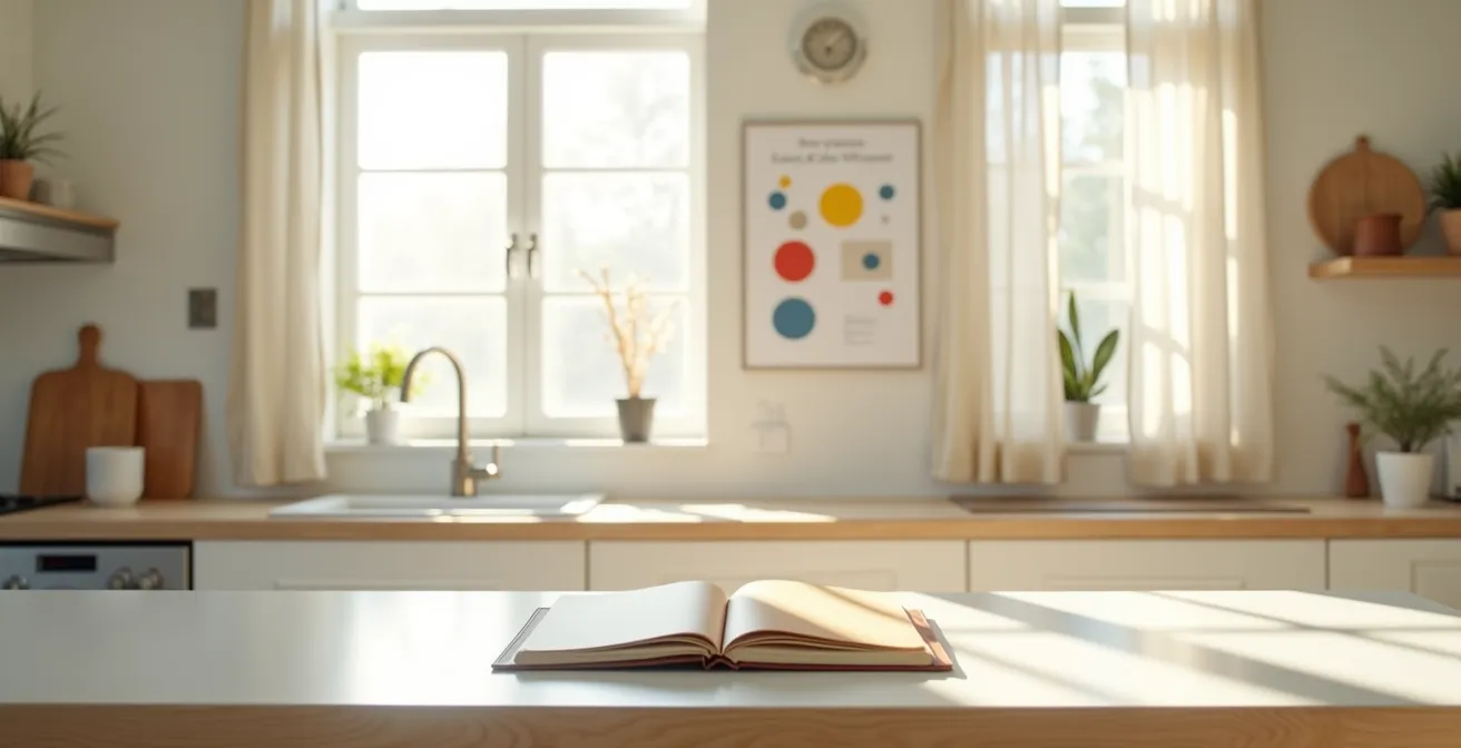 Cuisine lumineuse avec calendrier mural et cahier de liaison sur plan de travail