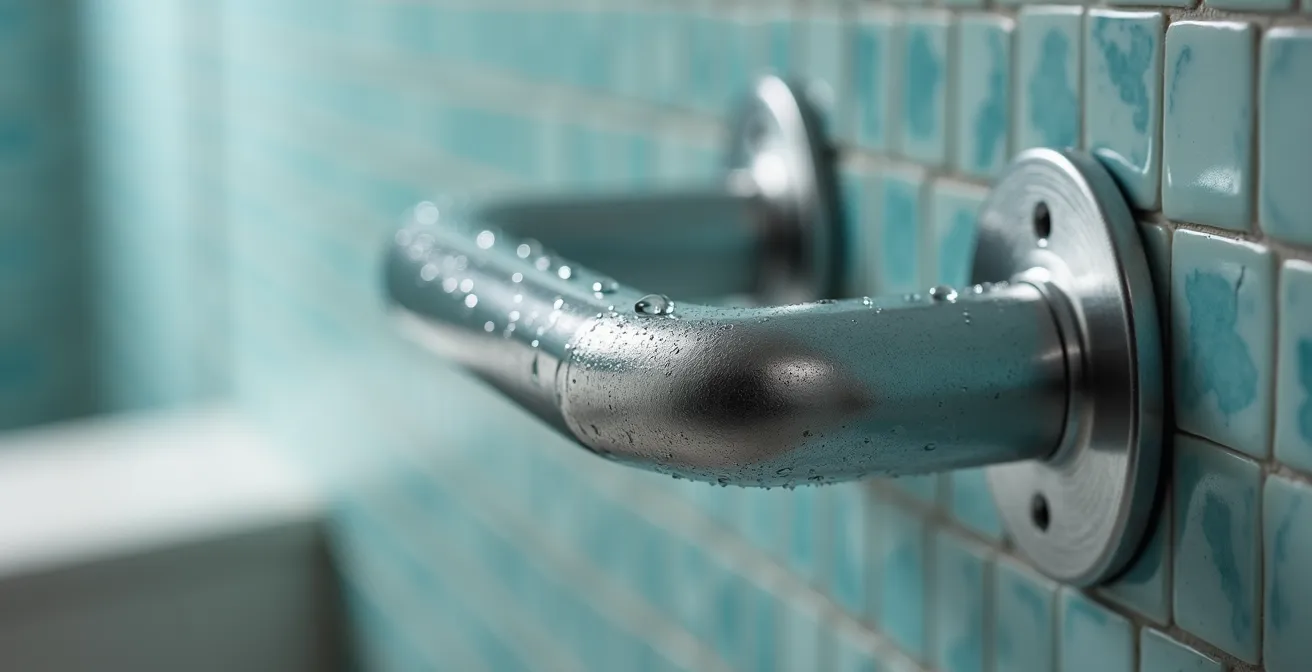 Vue détaillée du positionnement ergonomique d'un siège rabattable et de barres d'appui dans une douche senior