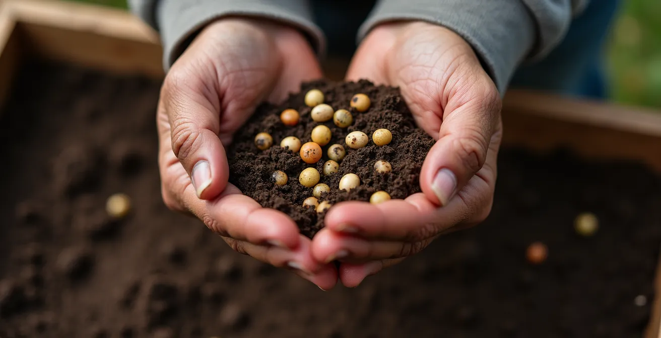 Senior et enfant travaillant ensemble dans un potager des générations avec légumes anciens