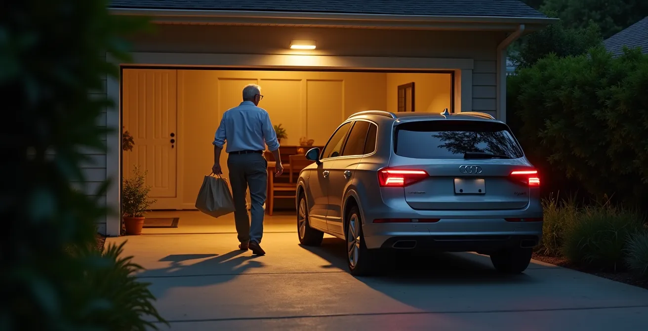 Projecteur à détection installé à l'entrée d'un garage éclairant la zone de transition pour un senior