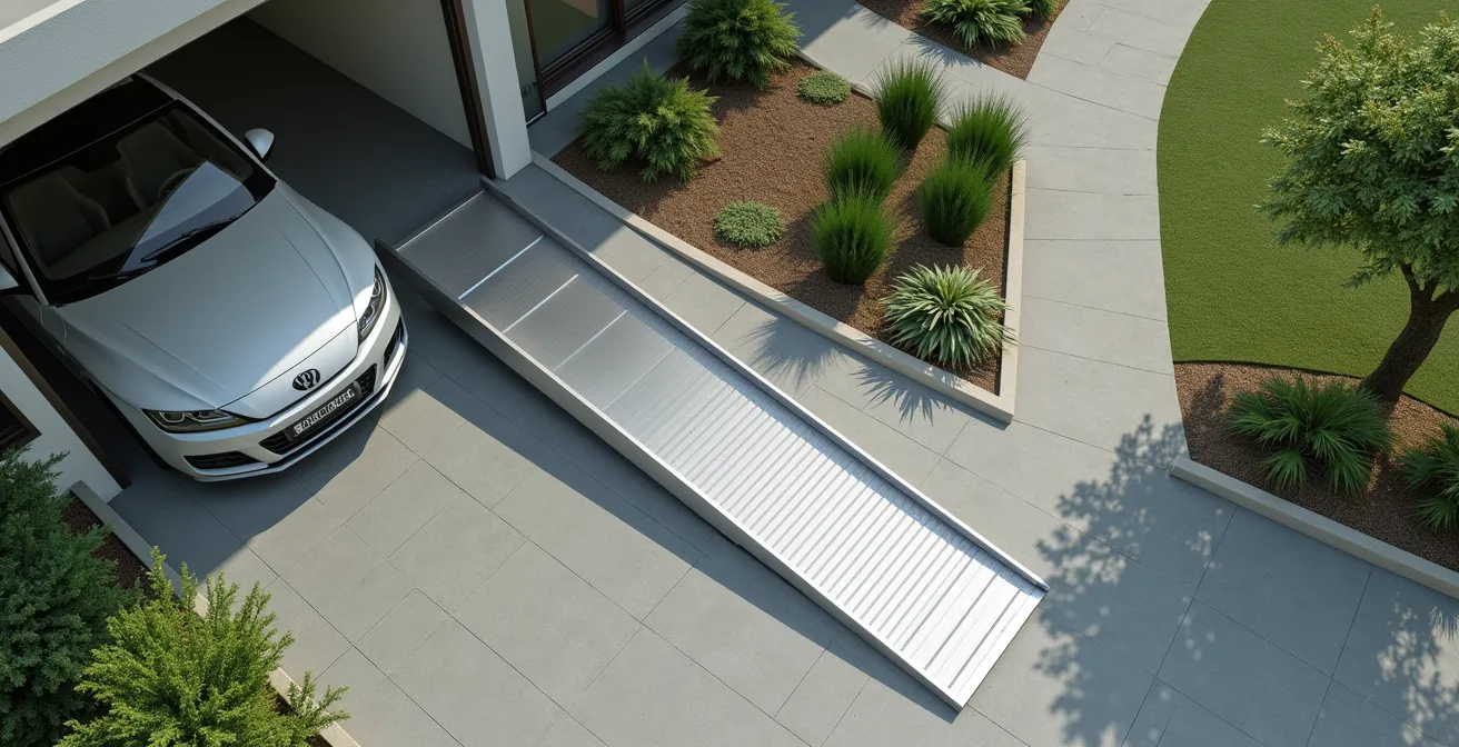 Vue aérienne d'une entrée de maison avec rampe d'accès pliable permettant le double usage piéton et PMR
