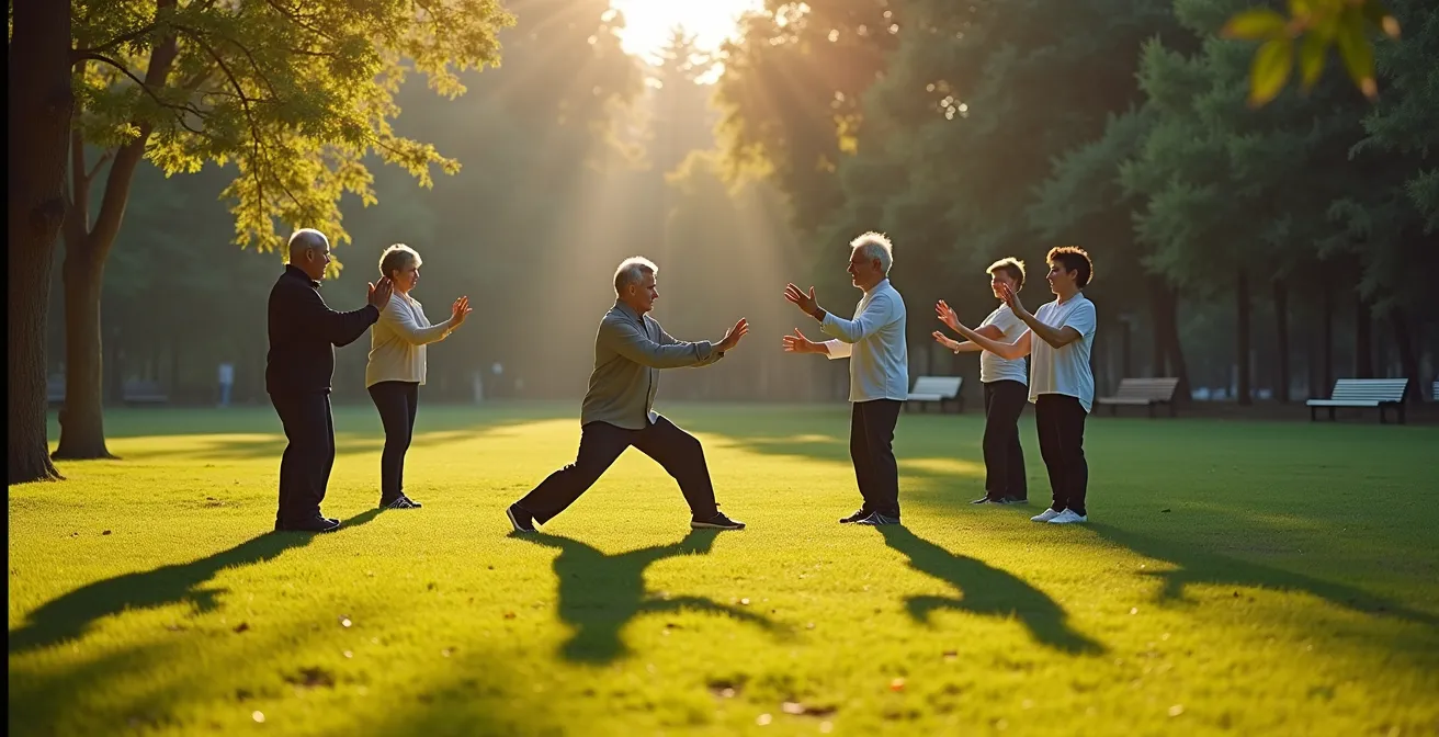 Groupe de seniors pratiquant une activité collective dans un parc ensoleillé