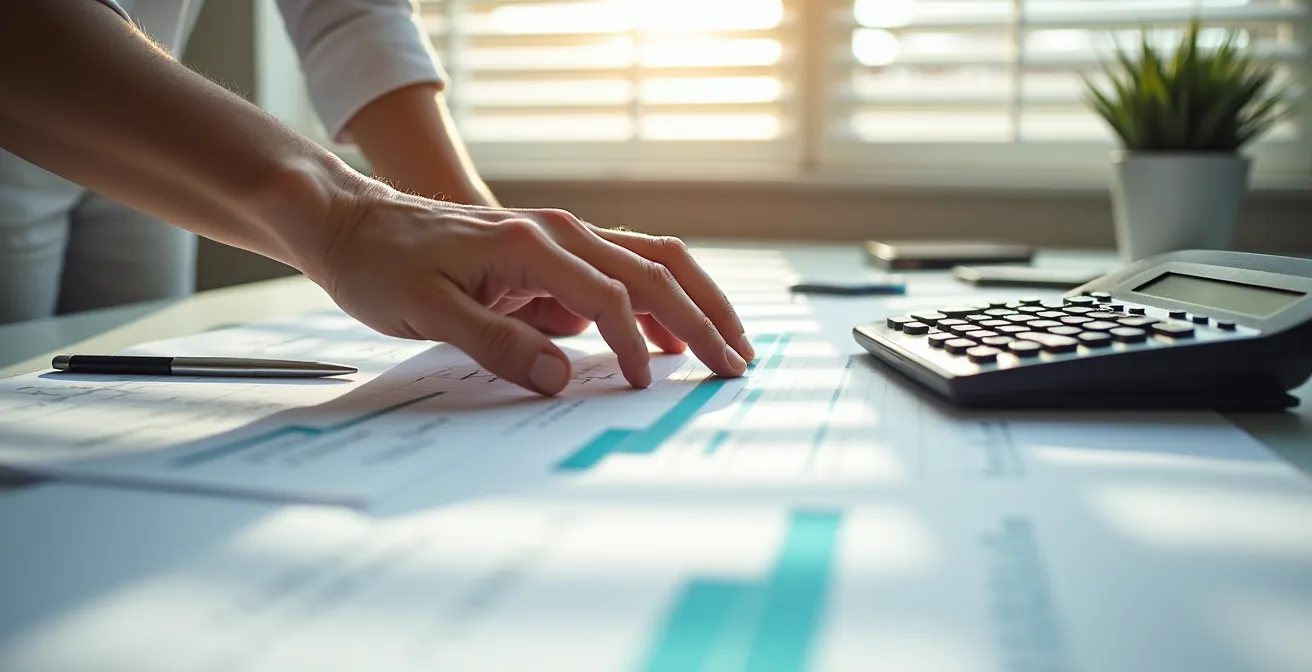 Personne âgée utilisant une calculatrice pour estimer ses aides au logement sur son bureau