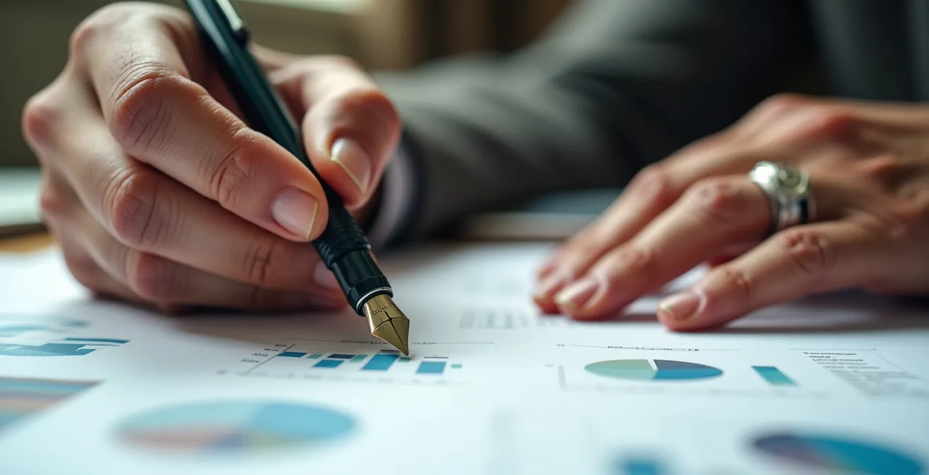 Gros plan sur des mains expertes annotant des documents stratégiques lors d'une séance de conseil