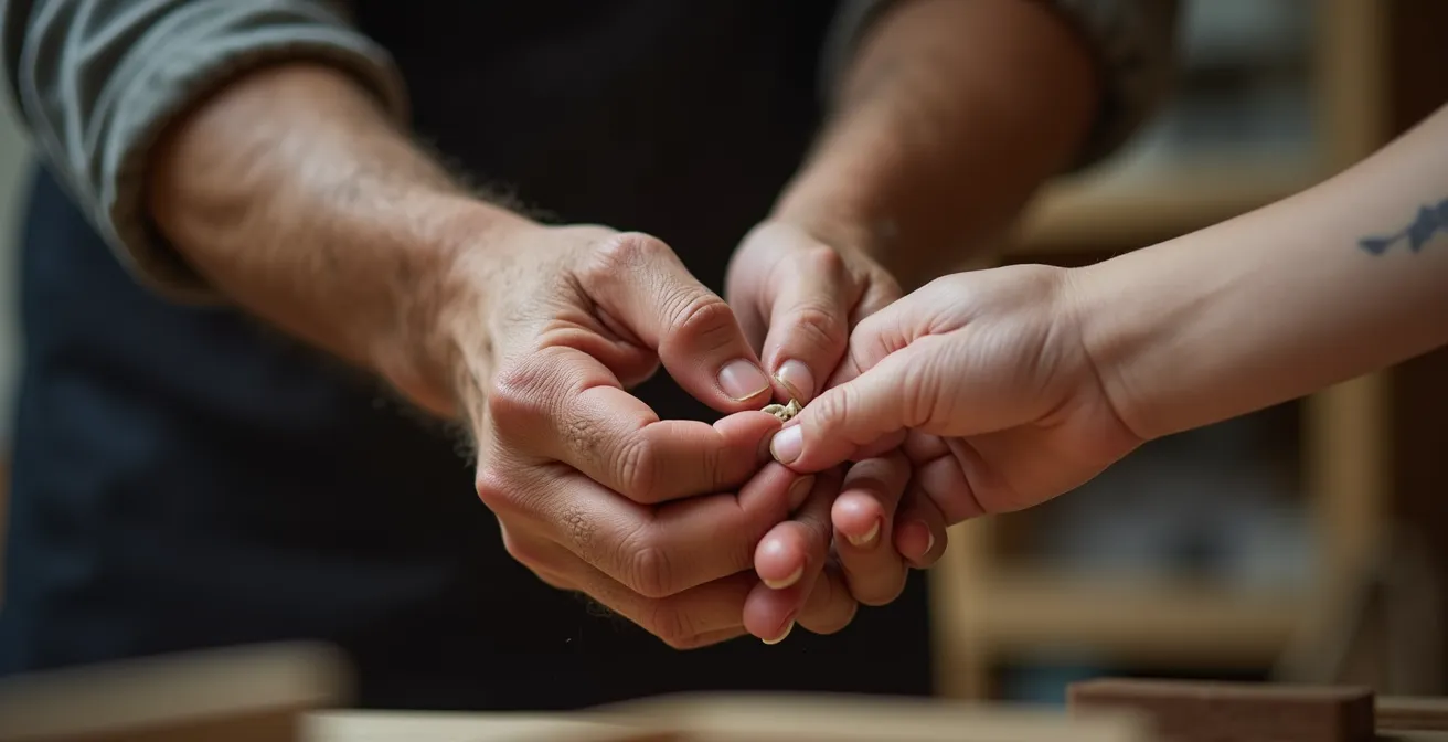 Gros plan sur des mains expertes transmettant un savoir-faire avec précision et bienveillance