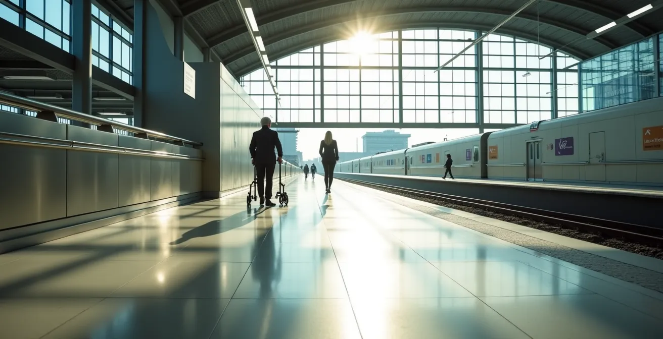 Vue large d'une gare moderne avec espaces d'accessibilité et personnel d'assistance