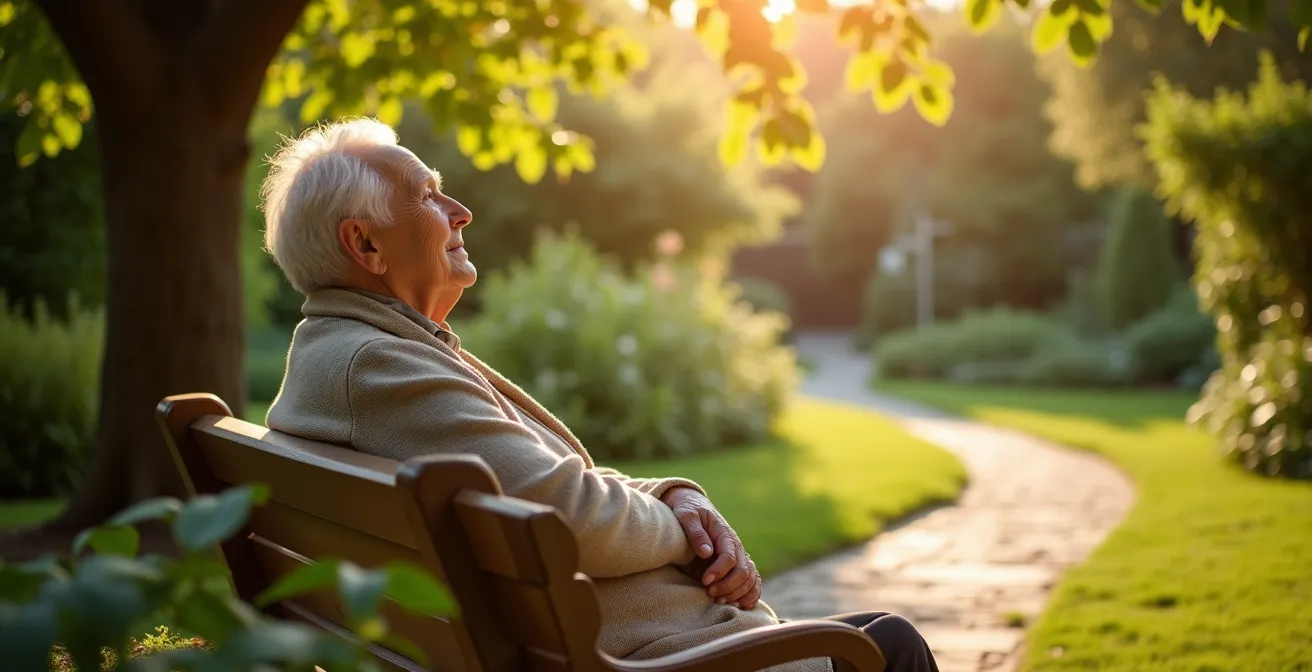 Personne âgée profitant du soleil dans un jardin verdoyant
