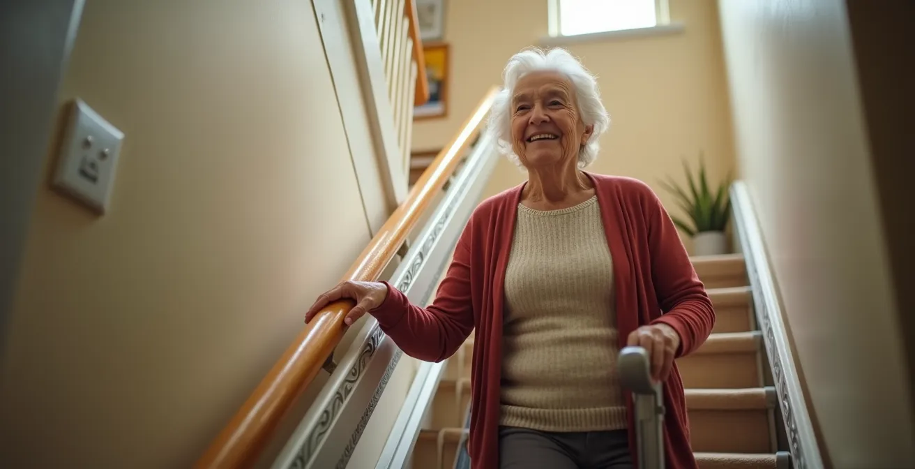 Personne âgée utilisant prudemment un monte-escalier avec double main courante dans un intérieur sécurisé
