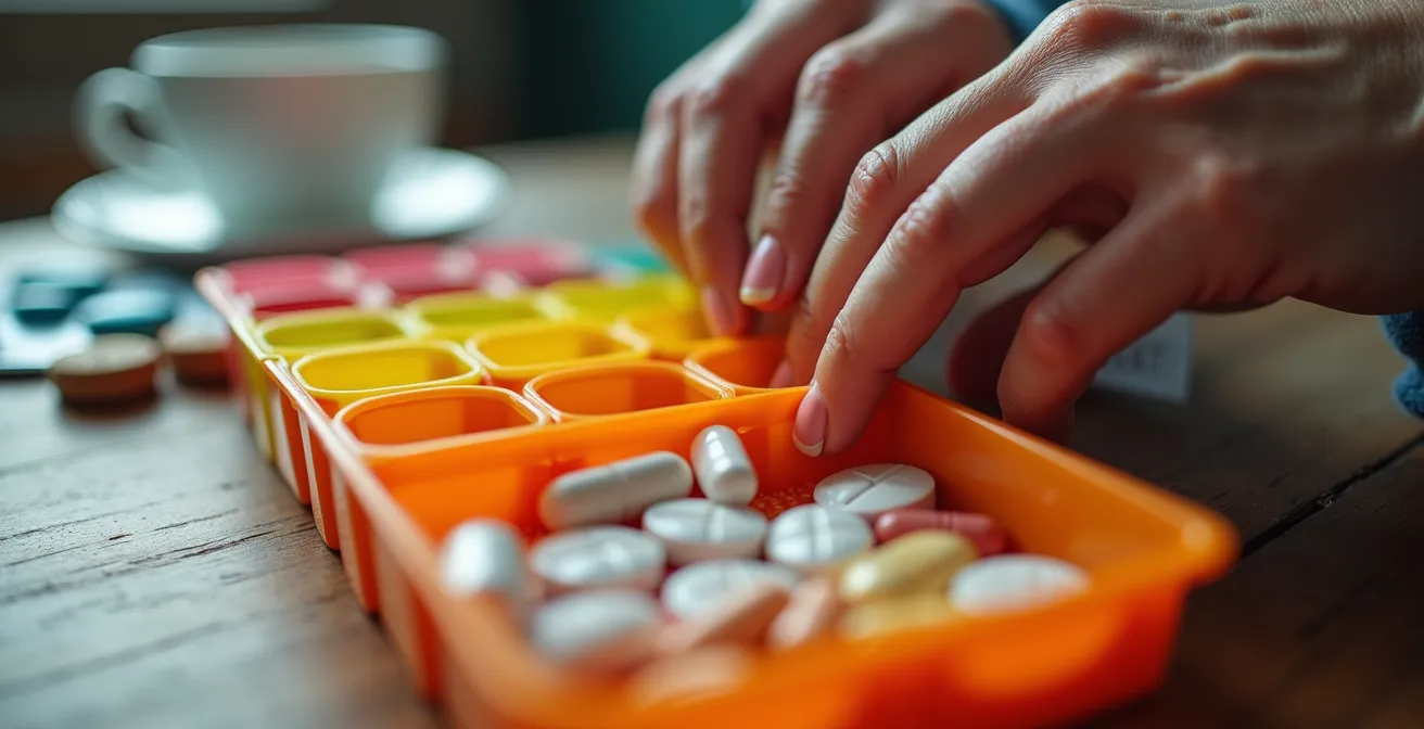 Mains de senior organisant soigneusement ses médicaments dans un pilulier hebdomadaire coloré
