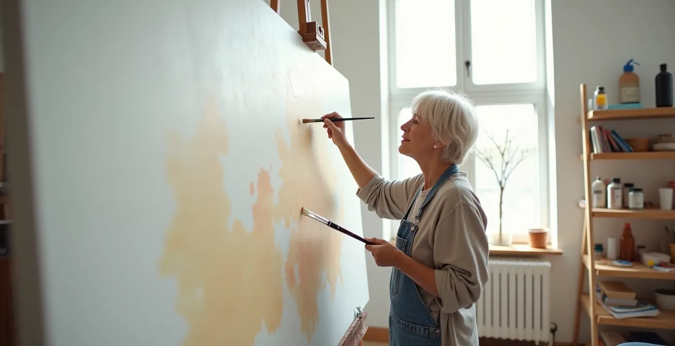 Personne âgée réalisant une peinture XXL avec de larges mouvements du bras entier