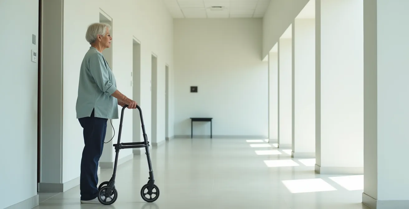 Vue de profil montrant la position correcte d'utilisation d'un déambulateur dans un couloir